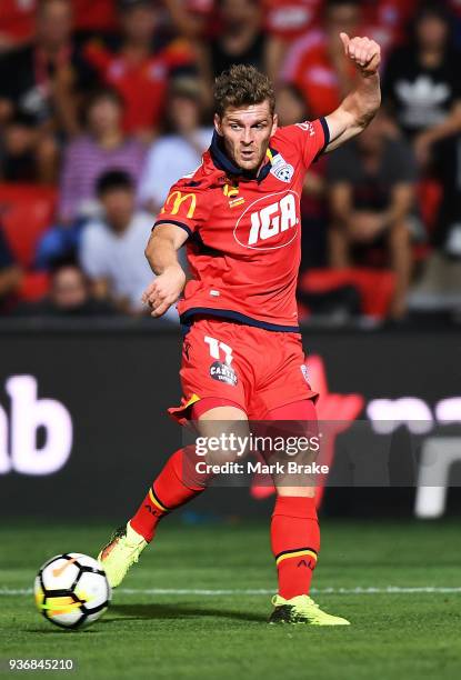 Johan Absalonsen of Adelaide United of Adelaide United crosses during the round 24 A-League match between Adelaide United and the Newcastle Jets at...