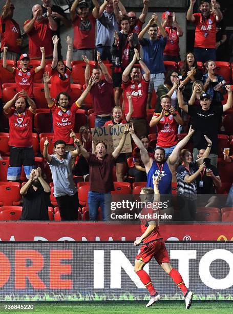 Ryan Kitto of Adelaide United celebrates a goal during the round 24 A-League match between Adelaide United and the Newcastle Jets at Coopers Stadium...