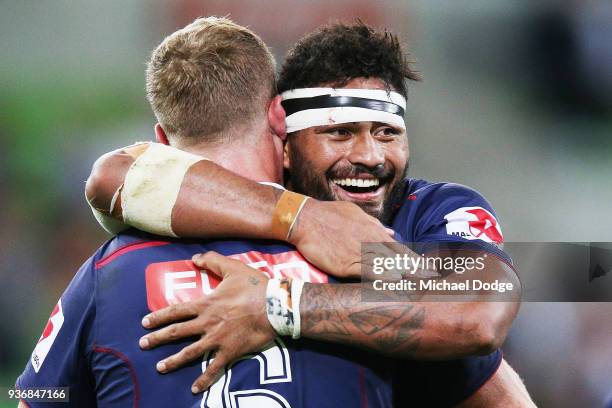 Amanaki Mafi of the Rebels celebrates a try during the round six Super Rugby match between the Melbourne Rebels and the Sharks at AAMI Park on March...