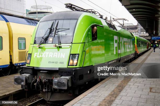 Flixtrain is ready to depart from Hamburg main station on its first Journey from Hamburg to Cologne on March 23, 2018 in Hamburg, Germany.