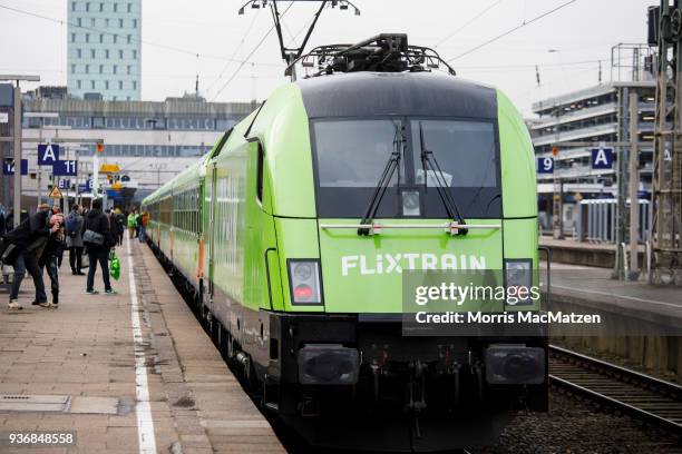 Flixtrain is ready to depart for its first Journey from Hamburg to Cologne on March 23, 2018 in Hamburg, Germany.