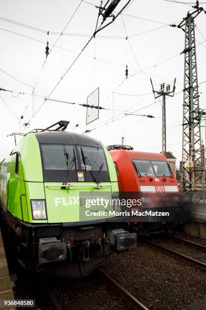 Locomotives of 'Deutsche Bahn' and its new competitor of 'Flixtrain' stand next to each other at the Altona railway station. The 'Flixtrain' is ready...
