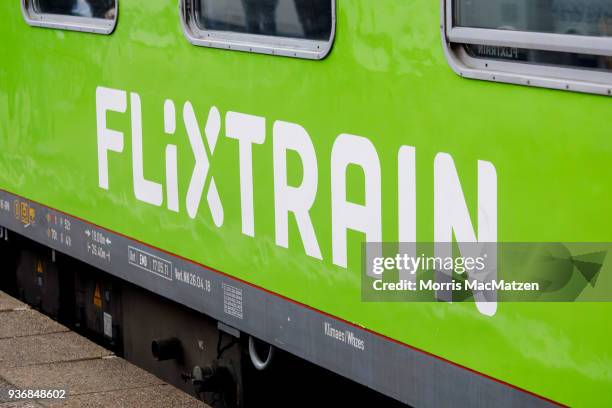 Flixtrain'-Logo is pictured. The 'Flixtrain' is ready to depart for its first Journey from Hamburg to Cologne on March 23, 2018 in Hamburg, Germany.