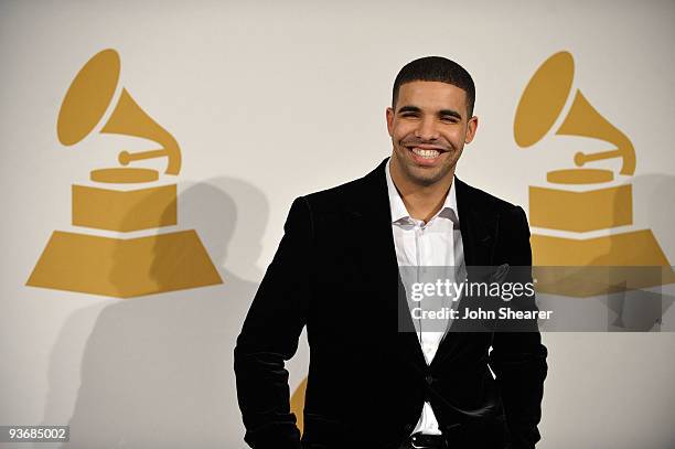 Rapper Drake poses in the press room at The GRAMMY Nominations Concert Live! at Club Nokia on December 2, 2009 in Los Angeles, California.