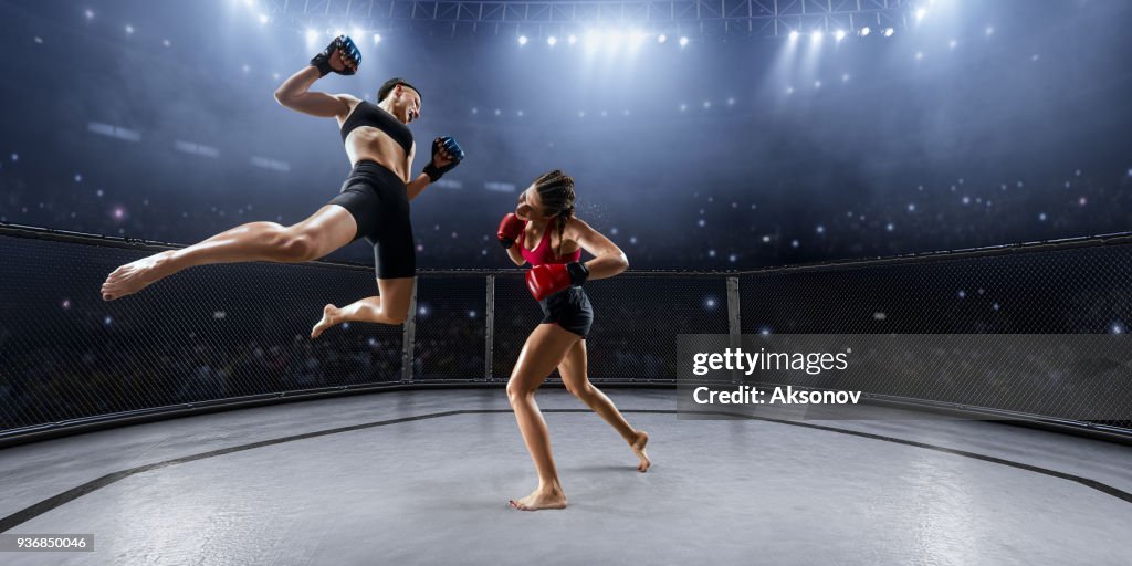 Female MMA fighters in professional boxing ring