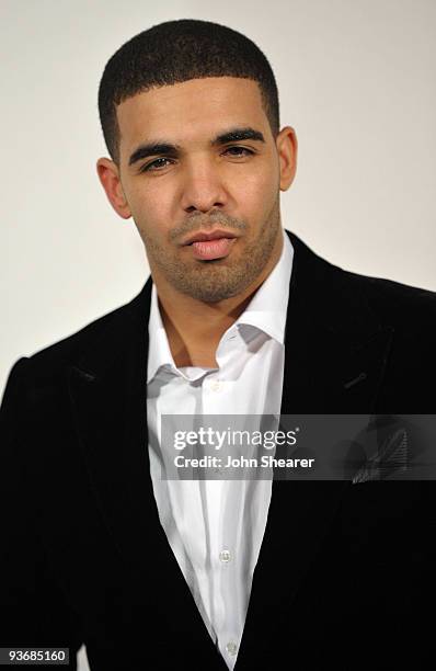Rapper Drake poses in the press room at The GRAMMY Nominations Concert Live! at Club Nokia on December 2, 2009 in Los Angeles, California.