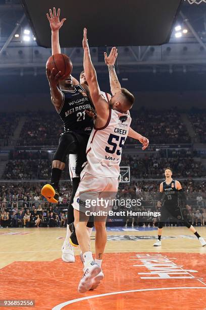 Casper Ware of Melbourne drives towards the basket during game three of the Grand Final series between Melbourne United and the Adelaide 36ers at...
