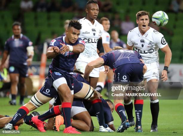 Rebels' Will Genia passes the ball during the Super Rugby union match between the Melbourne Rebels of Australia and the Coastal Sharks of South...