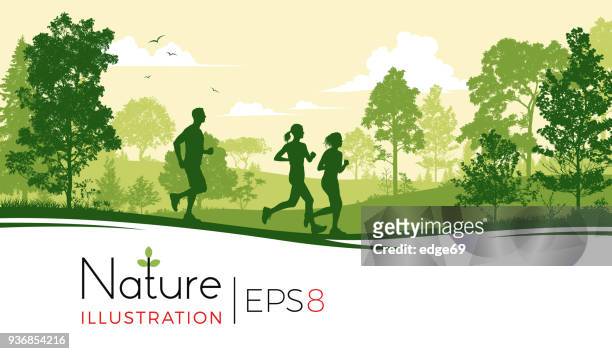 illustrazioni stock, clip art, cartoni animati e icone di tendenza di giovani che corrono nel parco - albero