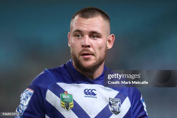 David Klemmer of the Bulldogs looks on during the round three NRL match between the Bulldogs and the Panthers at ANZ Stadium on March 23, 2018 in...