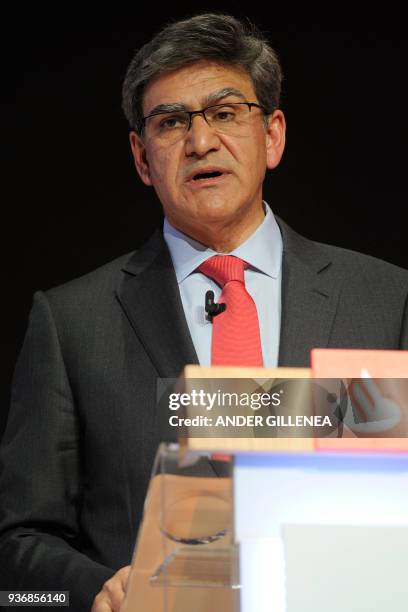 Spanish Santander Bank chief executive Jose Antonio Alvarez gives a speech during the bank's general shareholders meeting in Santander, north of...