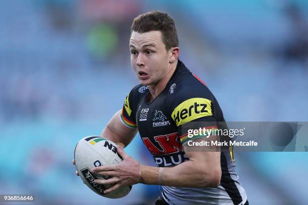 Dylan Edwards of the Panthers in action during the round three NRL match between the Bulldogs and the Panthers at ANZ Stadium on March 23, 2018 in...