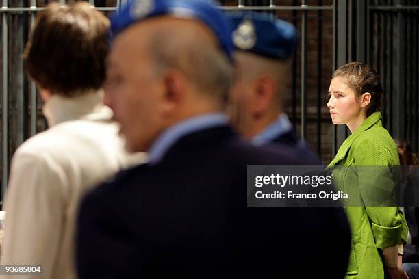 Defendants Amanda Knox and Raffaele Sollecito attend the Meredith Kercher murder trial for the closing arguments on December 3, 2009 in Perugia,...