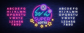 Super loto neon sign. Bingo lotto   in a neon style, bright symbol, lototron, neon banner, bright night advertising for your projects. Vector Illustrations. Editing text neon sign