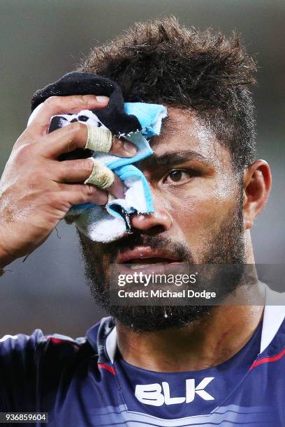 Amanaki Mafi of the Rebels comes off injured during the round six Super Rugby match between the Melbourne Rebels and the Sharks at AAMI Park on March...