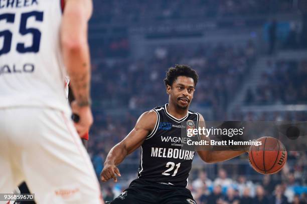 Casper Ware of Melbourne controls the ball during game three of the Grand Final series between Melbourne United and the Adelaide 36ers at Hisense...