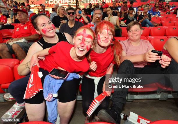 Adelaide United fans during the round 24 A-League match between Adelaide United and the Newcastle Jets at Coopers Stadium on March 23, 2018 in...