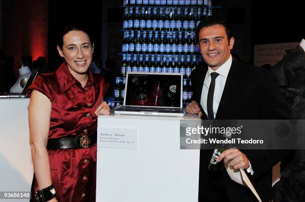 Harpers Bazaar editor Edwina McCann and the winner Andrew Aloisio at the Peroni Young Designer of the Year Award celebration at the Museum of...