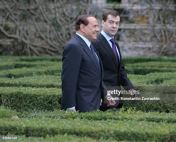 Russian President Dmitry Medvedev meets with Italian Prime Minister Silvio Berlusconi and delegates at Villa Madama on December 3, 2009 in Rome,...