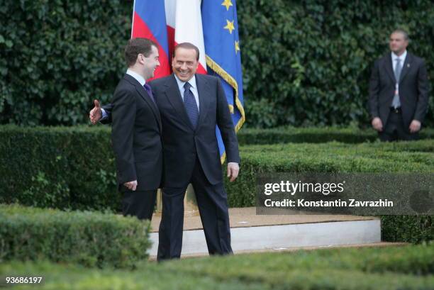 Russian President Dmitry Medvedev meets with Italian Prime Minister Silvio Berlusconi at Villa Madama on December 3, 2009 in Rome, Italy. During his...