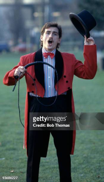 Super-featherweight boxer Barry McGuigan dressed as a circus ringmaster at a press conference in London, May 1989.