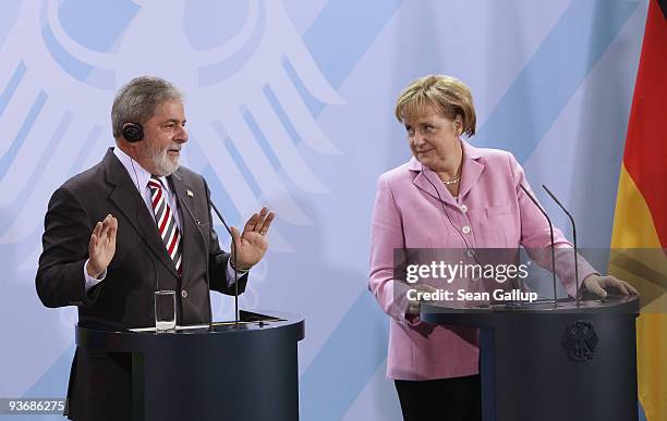 Brazilian President Luiz Inacio Lula da Silva and German Chancellor Angela Merkel speak to the media after talks on December 3, 2009 in Berlin,...