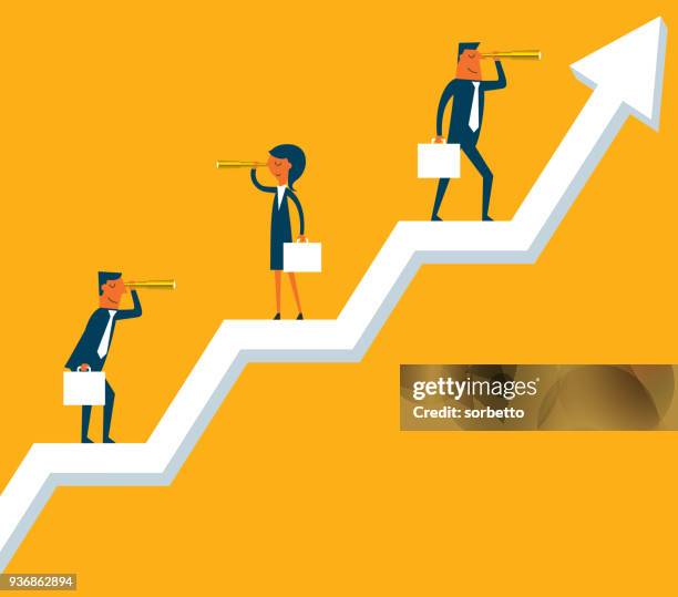 business team standing on diagram - financial data on computer stock illustrations