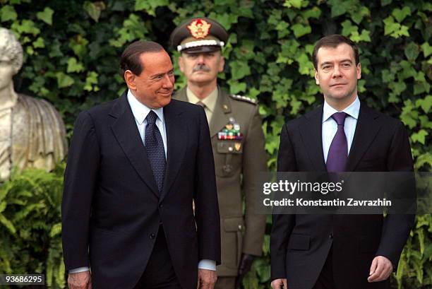 Russian President Dmitry Medvedev meets with Italian Prime Minister Silvio Berlusconi at Villa Madama on December 3, 2009 in Rome, Italy. During his...