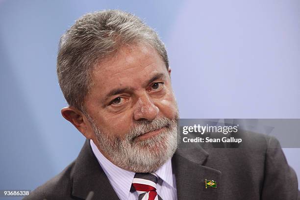 Brazilian President Luiz Inacio Lula da Silva speaks to the media after talks with German Chancellor Angela Merkel on December 3, 2009 in Berlin,...