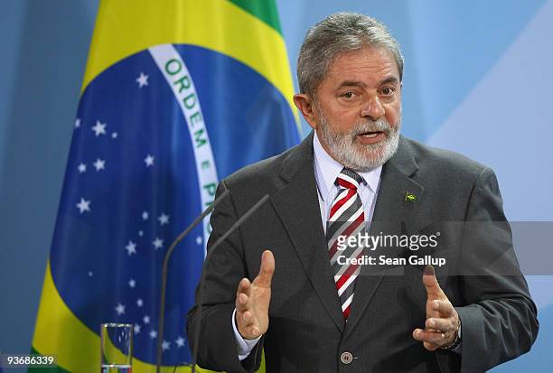 Brazilian President Luiz Inacio Lula da Silva speaks to the media after talks with German Chancellor Angela Merkel on December 3, 2009 in Berlin,...