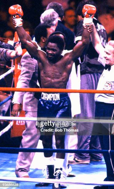 Ghana's Azumah Nelson celebrates his victory over Mexico's Mauro Gutierrez in Las Vegas for the World Featherweight Title, 7th March 1987.