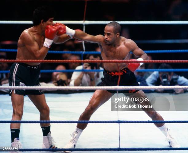 Britain's Lloyd Honeyghan on the attack during his WBC World Welterweight Championship fight against Mexico's Jorge Vaca at the Wembley Arena in...