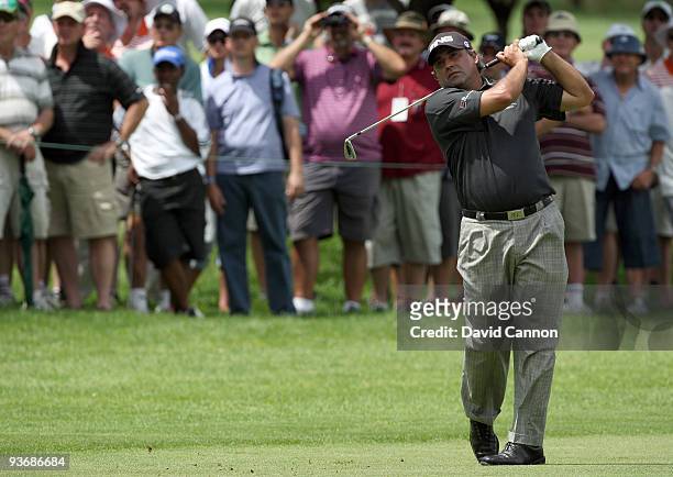 Angel Cabrera of Argentina plays his second shot to the 9th hole during the first round of the Nedbank Golf Challenge at the Gary Player Country Club...