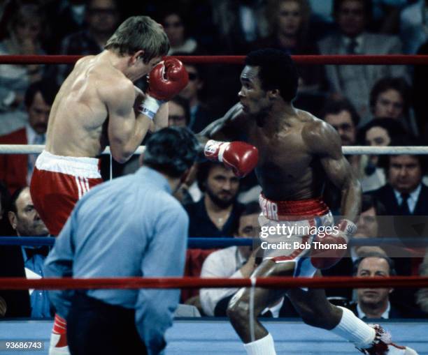 Sugar Ray Leonard in action during his victory over Britain's Dave Boy Green for the WBC World Welterweight Championship at the Capital Centre in...