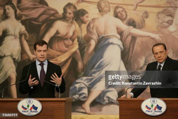 Russian President Dmitry Medvedev speaks during a joint press conference with Italian Prime Minister Silvio Berlusconi at Villa Madama on December 3,...