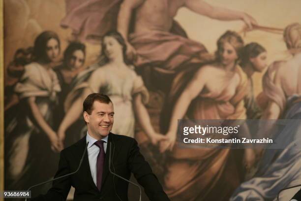 Russian President Dmitry Medvedev smiles while attending a joint press conference with Italian Prime Minister Silvio Berlusconi at Villa Madama on...
