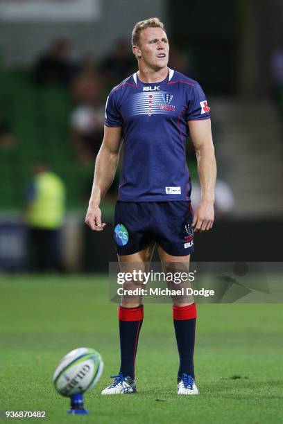 Reece Hodge of the Rebels focuses before he kicks the ball during the round six Super Rugby match between the Melbourne Rebels and the Sharks at AAMI...
