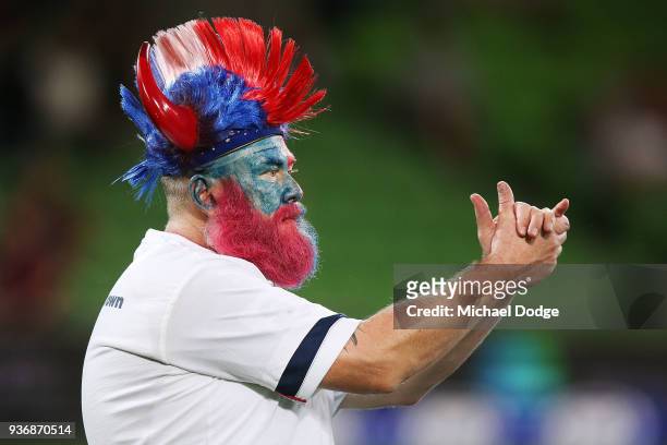 Rebels fan shows his support during the round six Super Rugby match between the Melbourne Rebels and the Sharks at AAMI Park on March 23, 2018 in...