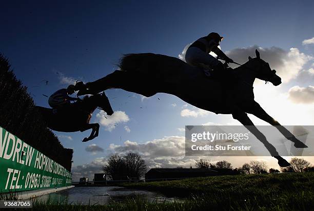 Terrible Tenant ridden by Jimmy Derham clears the water jump during the Weatherby's bank silver buck handicap chase at Wincanton Racecourse on...