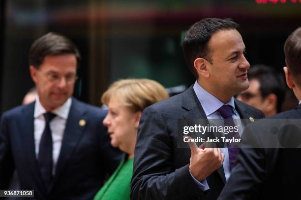 Taoiseach of Ireland Leo Varadkar speaks with other European leaders ahead of roundtable discussions in the Europa Building on the final day of the...