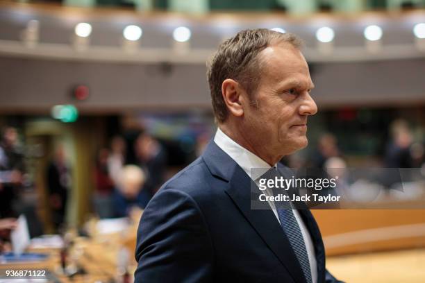 President of the European Council Donald Tusk arrives ahead of roundtable discussions in the Europa Building on the final day of the European Council...