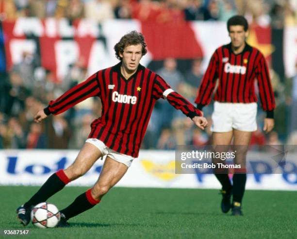 Franco Baresi of AC Milan during the AC Milan v Sampdoria Italian League match played at the San Siro Stadium in Milan on the 23rd October 1983....