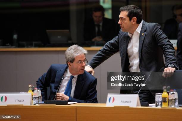 Italian Prime Minister Paolo Gentiloni and Prime Minister of Greece, Alexis Tsipras arrive ahead of roundtable discussions in the Europa Building on...