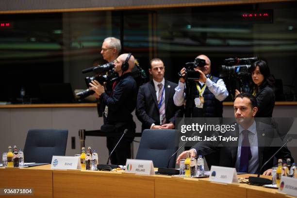 Taoiseach of Ireland Leo Varadkar takes a seat ahead of roundtable discussions in the Europa Building on the final day of the European Council...