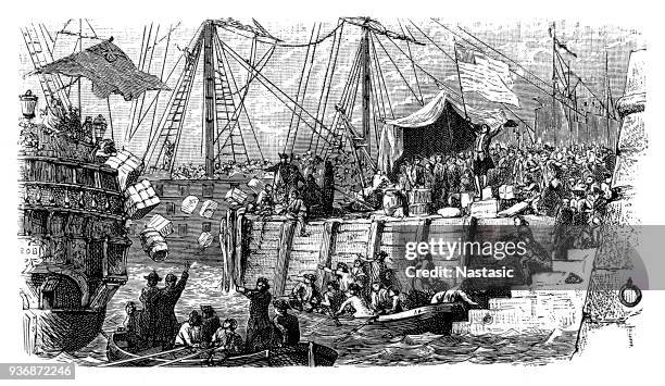 the boston tea party was a political protest by the sons of liberty in boston, massachusetts, on december 16, 1773 - boston harbor stock illustrations