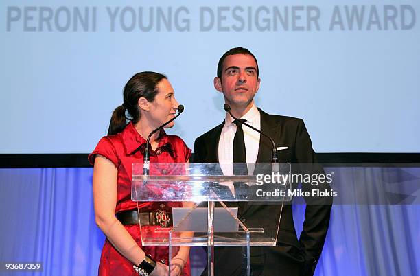 Harpers Bazaar Editor Edwina McCann and Fashion Designer Antonio Berardi anounce the winner at the Peroni Young Designer Awards at the MCA on...