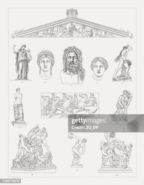 greek sculpture art, wood engravings, published in 1897 - pediment stock illustrations