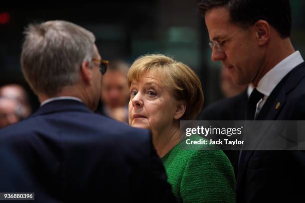 German Chancellor Angela Merkel looks on ahead of roundtable discussions in the Europa Building on the final day of the European Council leaders'...