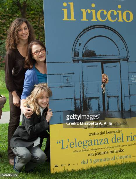 Director Mona Achache and actresses Josiane Balasko and Garance Le Guillermic attend a photocall for the movie 'Le Herisson' at French Embassy on...