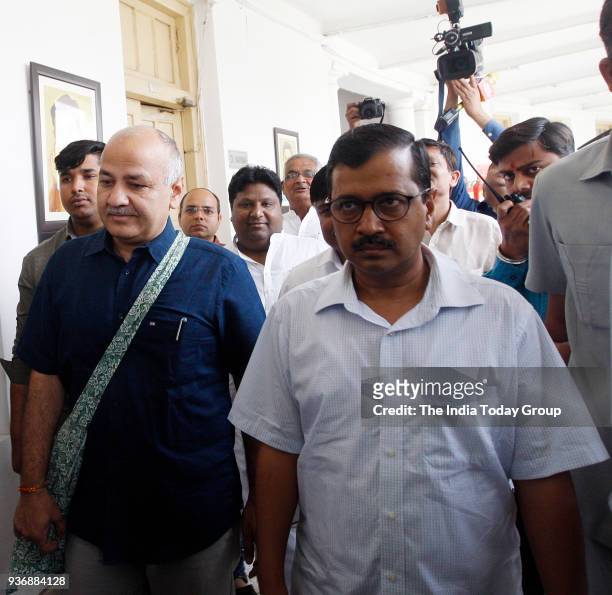 Delhi Chief Minister Arvind Kejriwal and Deputy Chief Minister Manish Sisodia arrives to present the Delhi government budget for 2018-19 in Delhi...